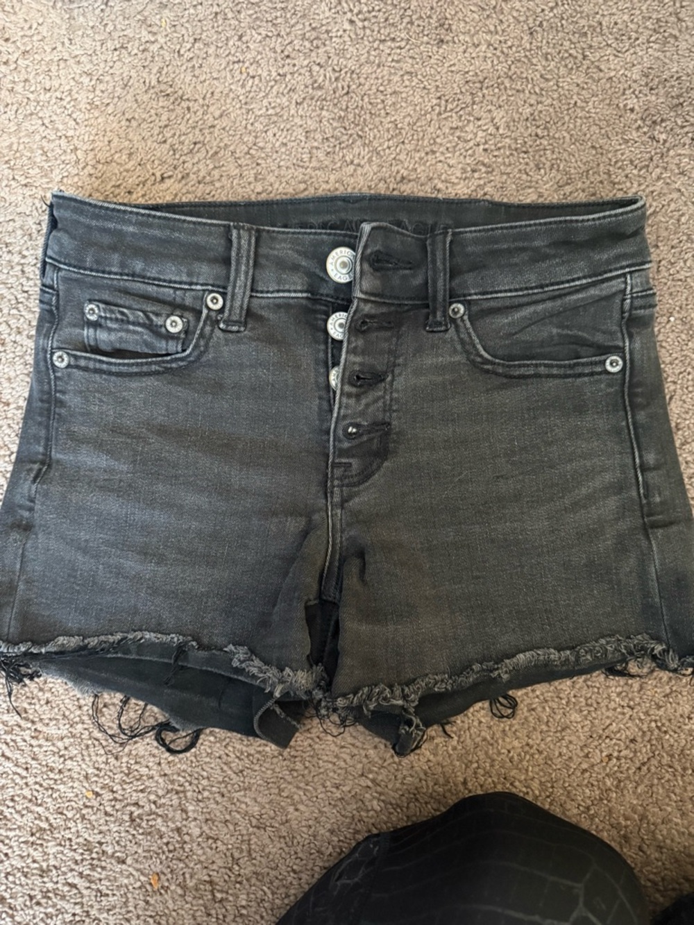 American Eagle Outfitters Black Distressed Button-Fly Denim Shorts